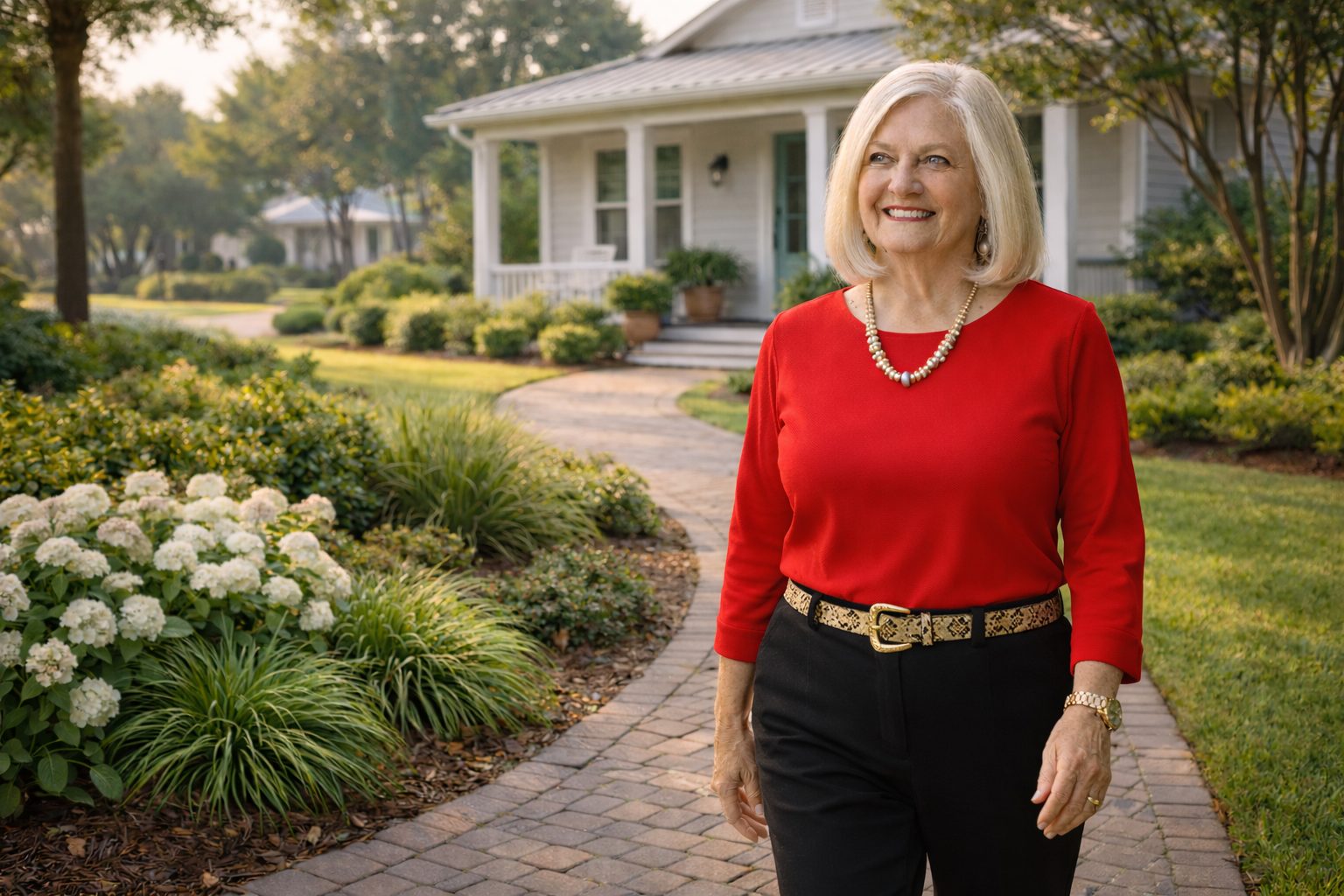 Pat Williams, trusted Northwest Florida Realtor, walking along a garden path in a residential neighborhood with calm confidence.