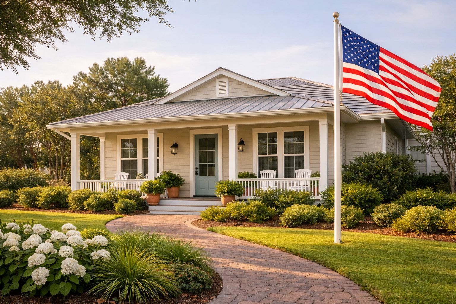 Northwest Florida home with American flag in calm residential setting