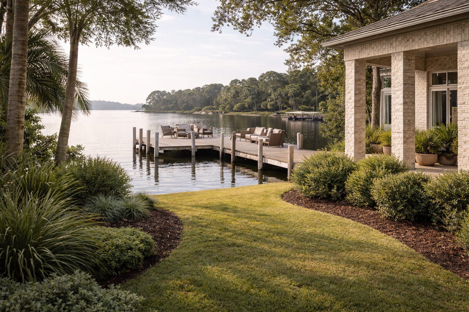 Luxury Northwest Florida waterfront home with light brick columns and expanded dock terrace overlooking calm bayou in soft morning light.