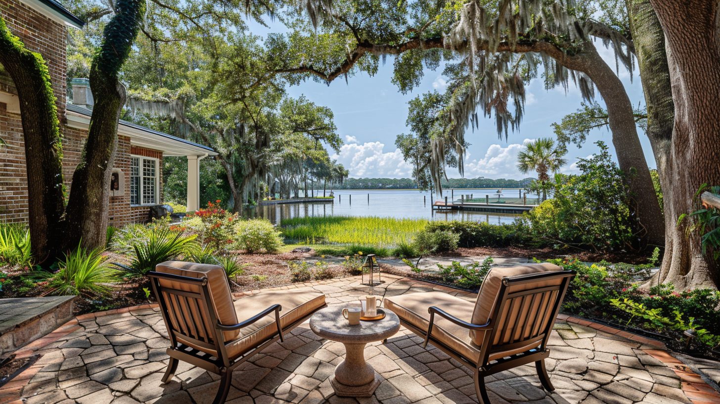 Traditional Northwest Florida waterfront home with an inviting outdoor conversation area overlooking a quiet bay