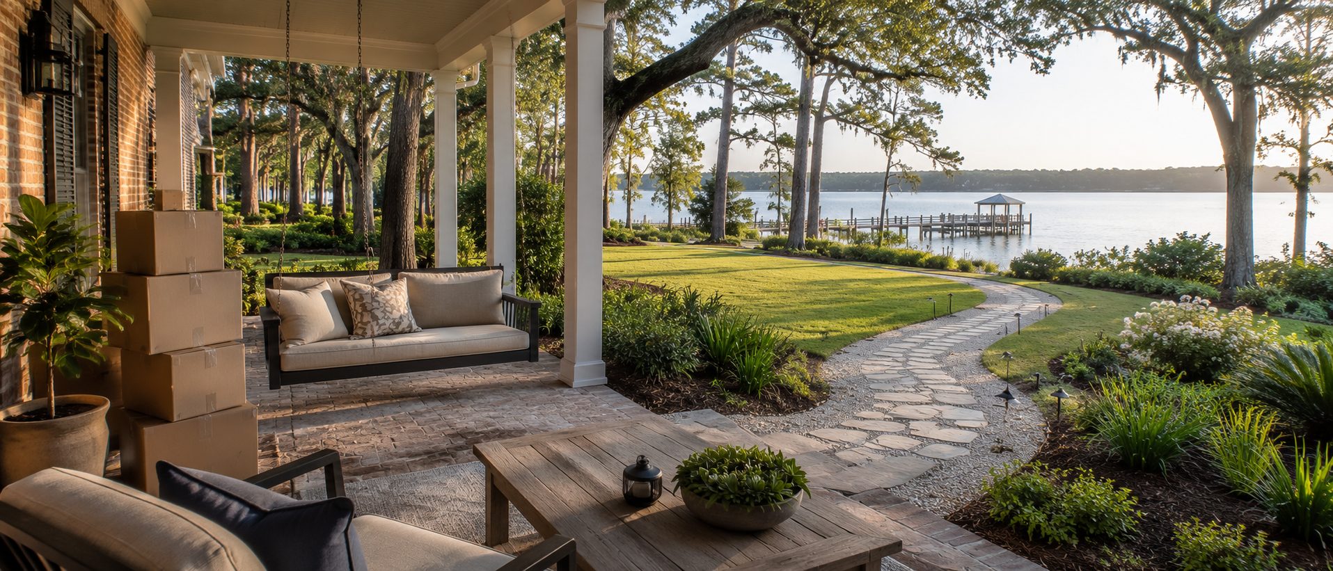 Traditional Northwest Florida waterfront home with a covered porch and landscaped walkway representing thoughtful preparation before selling.