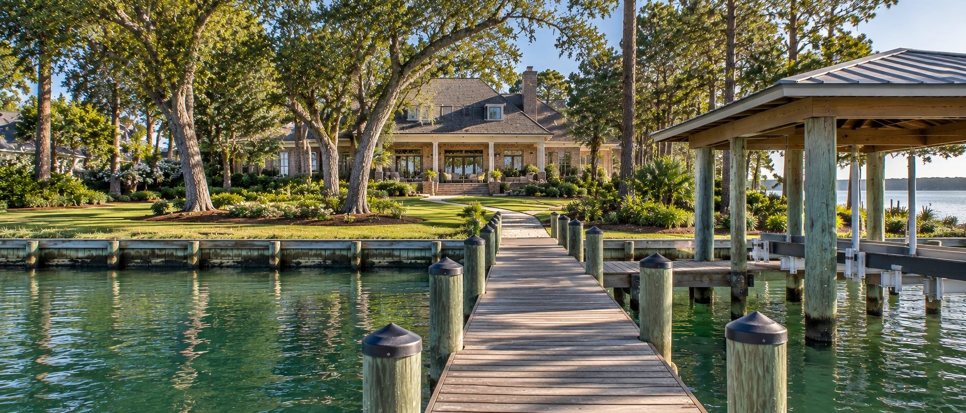 Private dock leading to a traditional waterfront home on a Northwest Florida bay or bayou