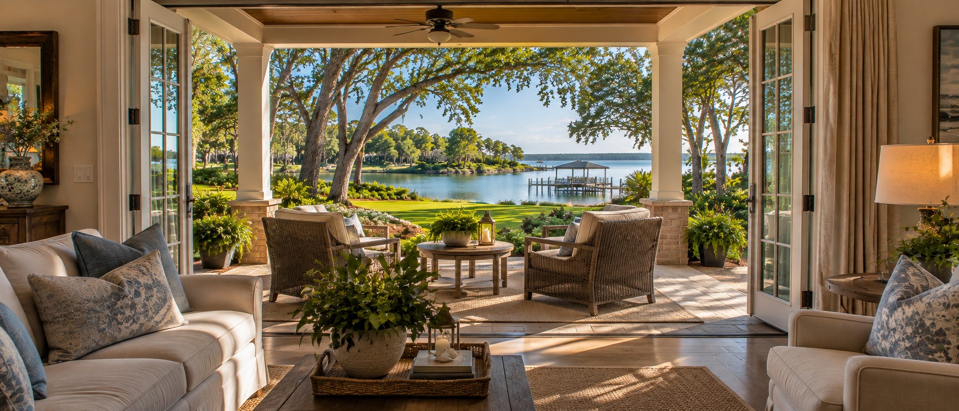Traditional Northwest Florida waterfront home's living room opening to a covered lanai and landscaped backyard overlooking a bay
