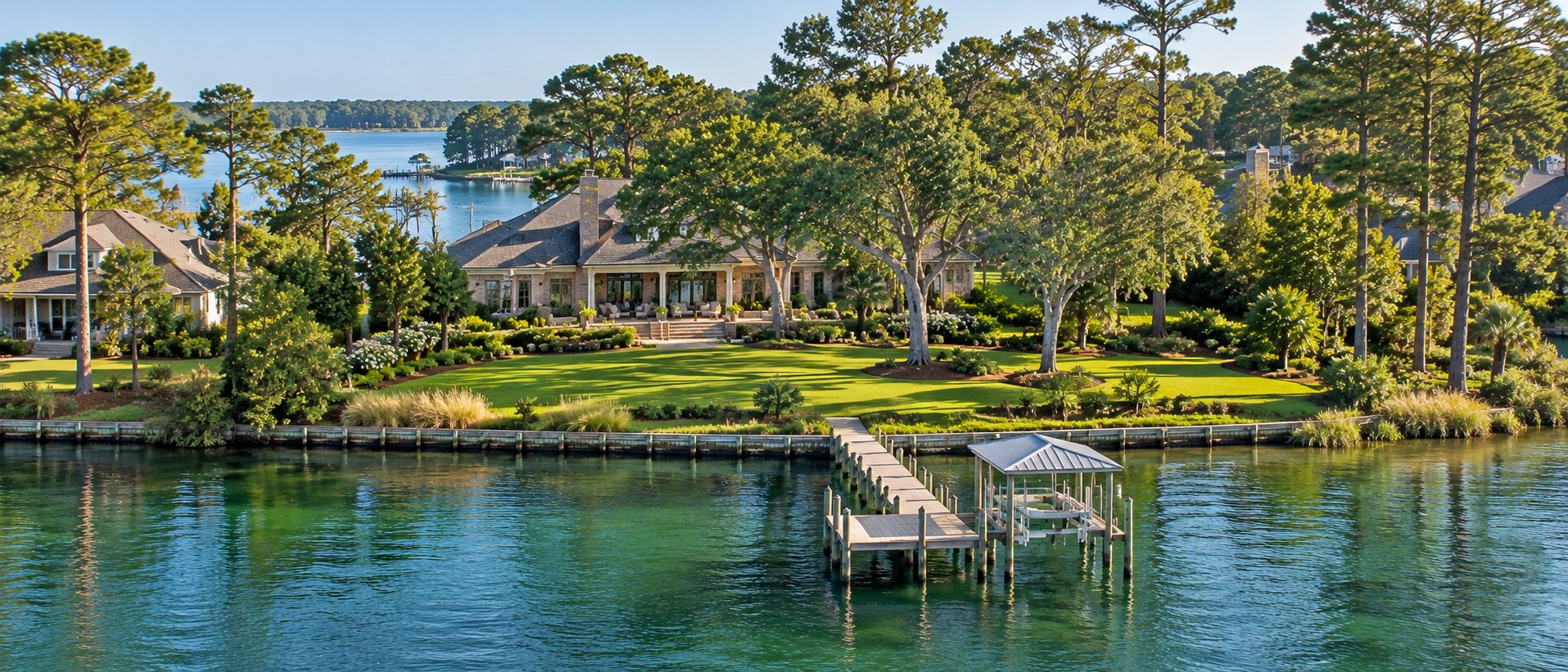 Elevated view of a traditional Northwest Florida waterfront home showing its shoreline, landscaped lot and private dock